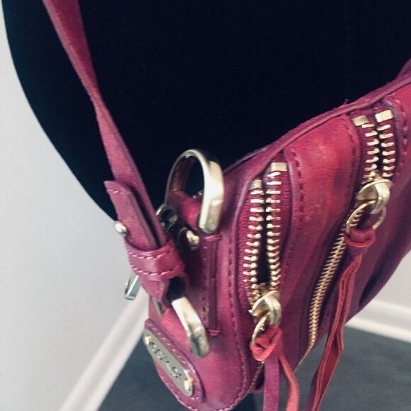 BOTKIER Red Leather Fringed Multiple Gold Zipper Moto Medium Size Crossbody Bag - Picture 5 of 9